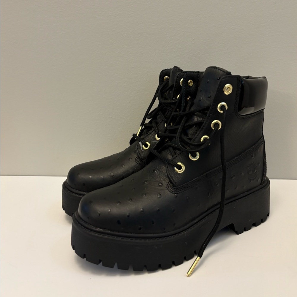 Timberland Luxe Black Platform Boots with Gold Hardware Lug Sole - Picture 2 of 5